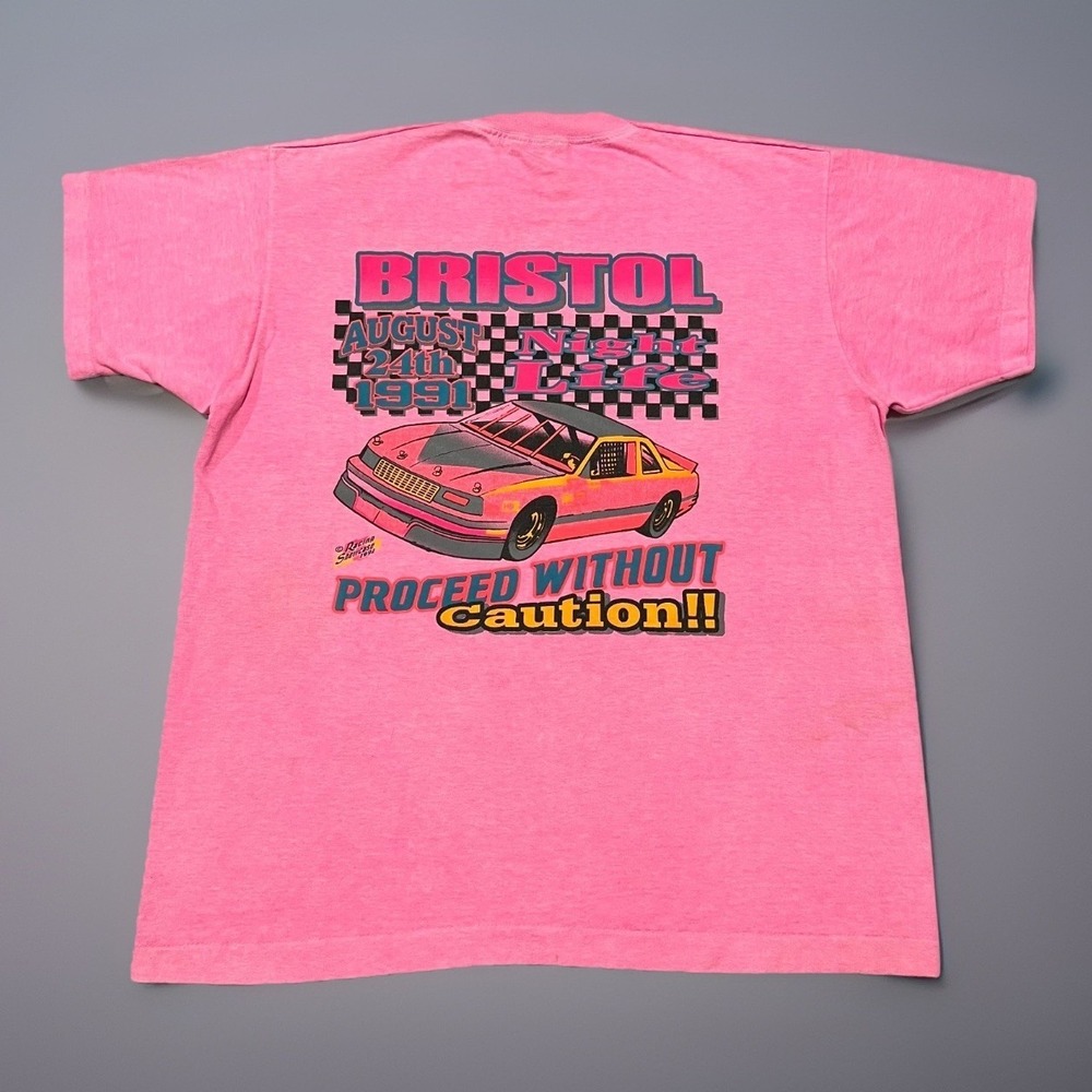 VTG Screen Stars Best Men Pink Bristol Graphic Puff Print Racing 1991 T-Shirt XL